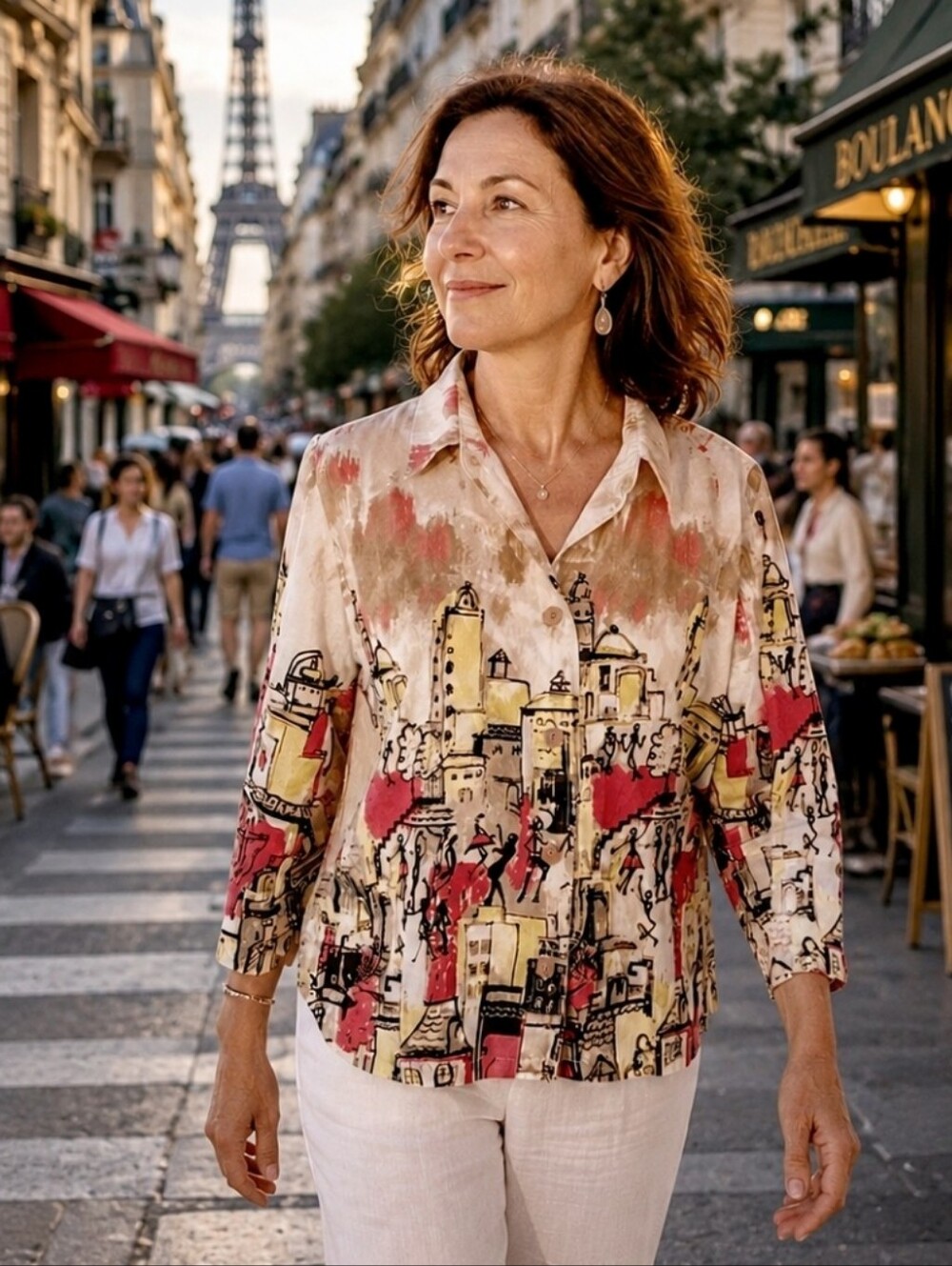 Christopher & Banks Jacket Shirt City Scape Foreign Country People Dancing XL